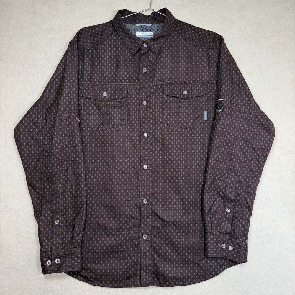Columbia Shirt Mens M Omni-Wick Long Sleeve Button Down Brown Pine Tree Print